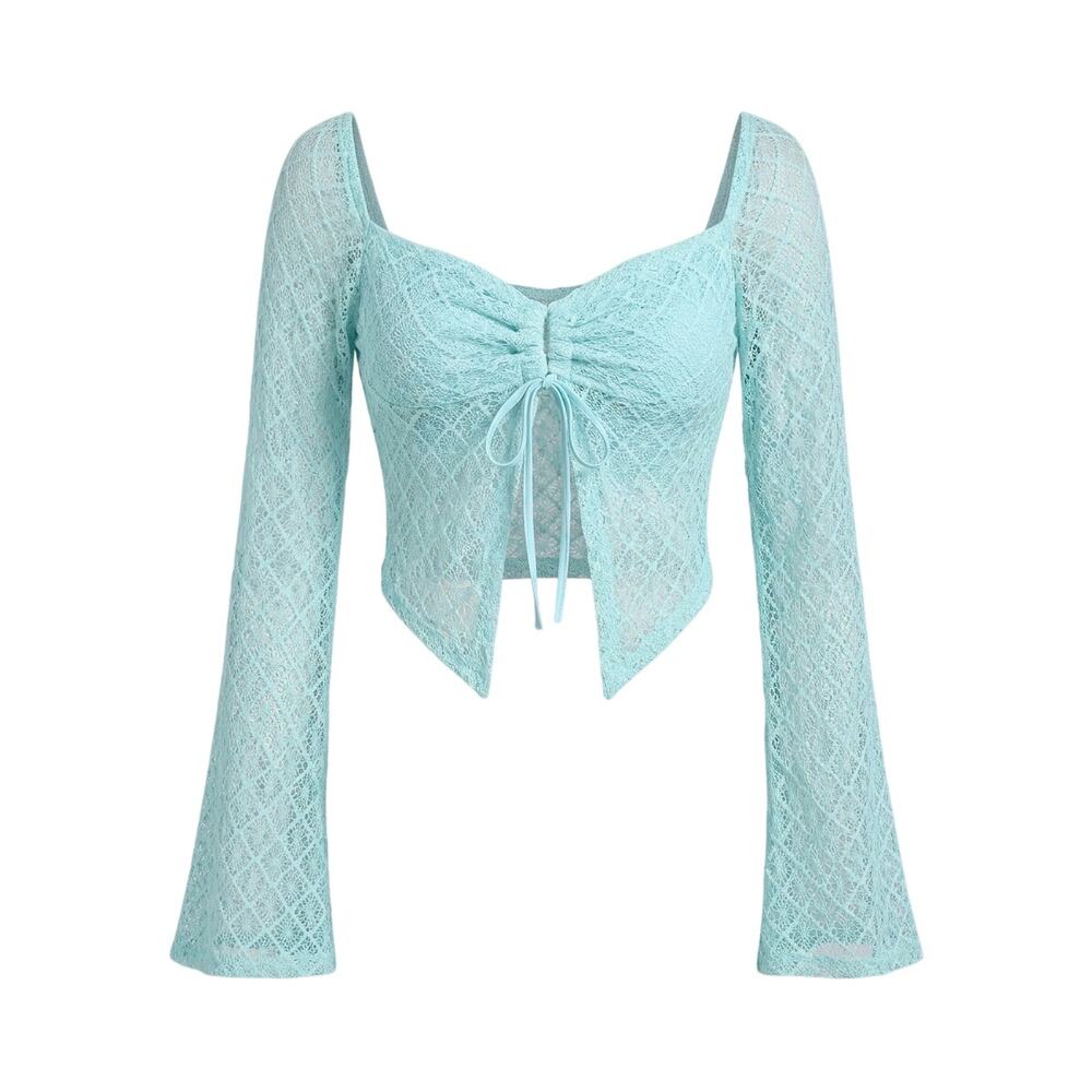 Lace Flare Sleeve Tie Front Crop Top L
